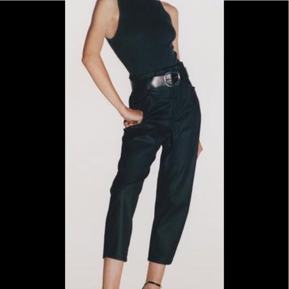 Zara Black Coated Baggy Paperbag Waist Pants 2 - Picture 1 of 11